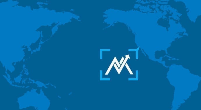 A blue world map with the m logo on it.